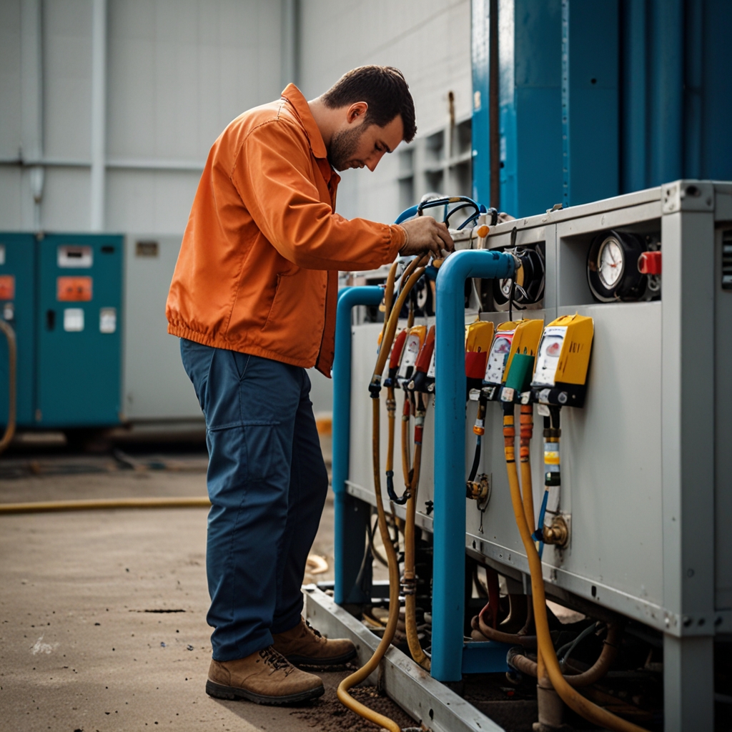 Technician performing maintenance on GOWE refrigerant equipment.